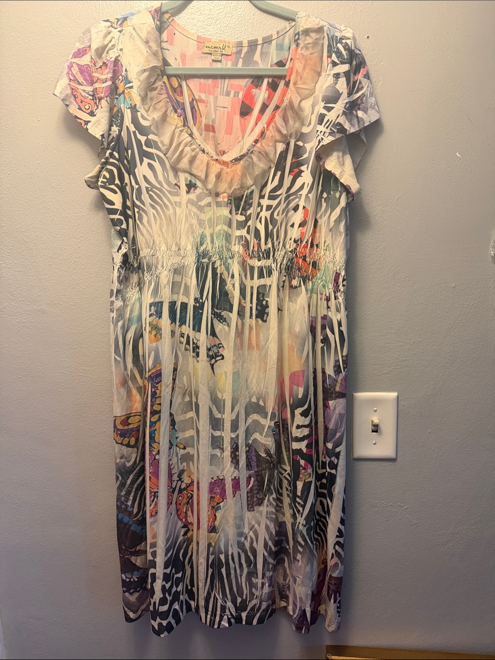 ONE WORLD Multicolor Zebra & Butterfly Print Ruffle Dress